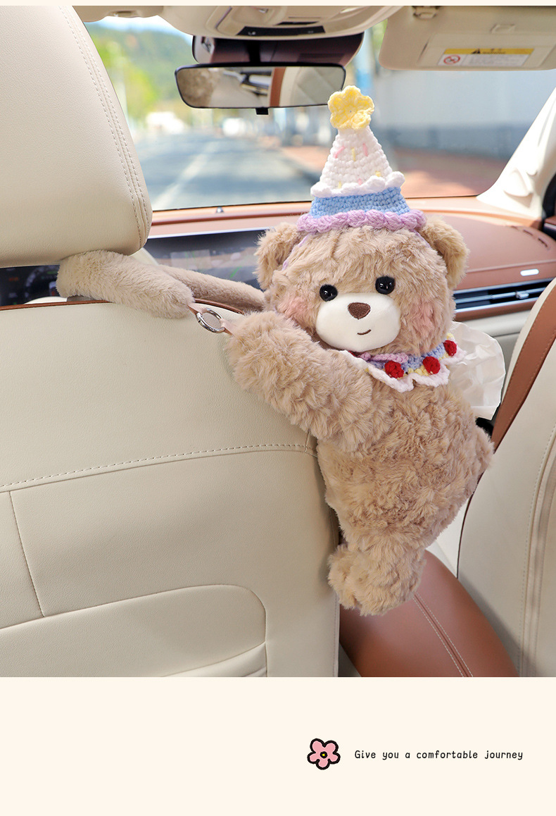 Car Tissue Box Hanging Bag Cute Bear Car Seat Back Hanging Type Creative Tissue Box Car Interior Decoration Supplies for Women