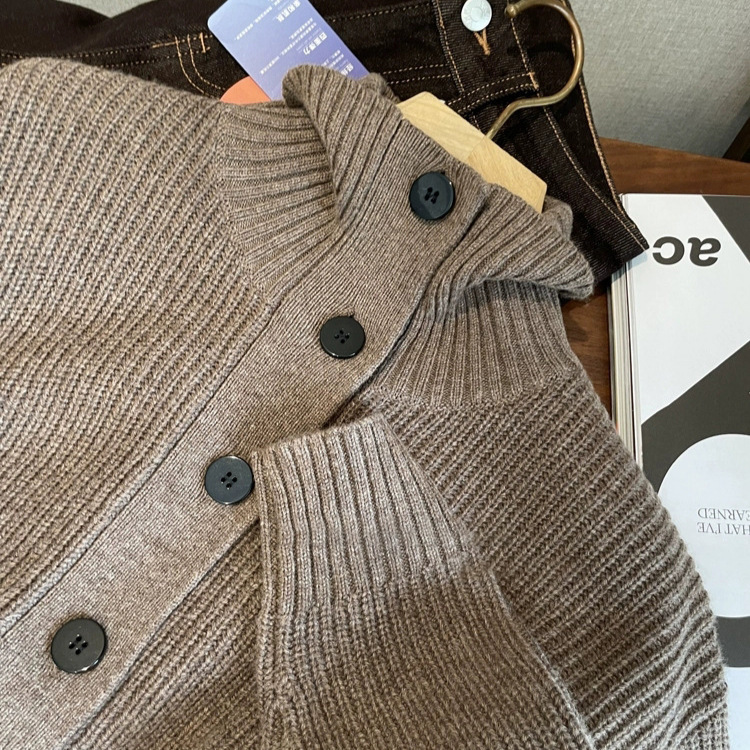 *Advanced Earth Tones! Heavy Weight Wool Knitted Texture! Autumn and Winter Stand-Up Collar Thick Sweater Jacket Cardigan for Women