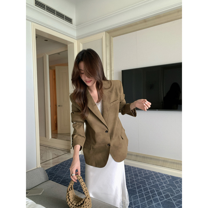 Dream Chaser Dt Etolie Single Row Two-Button Suede Blazer for Women, Autumn Versatile Loose Casual Suit
