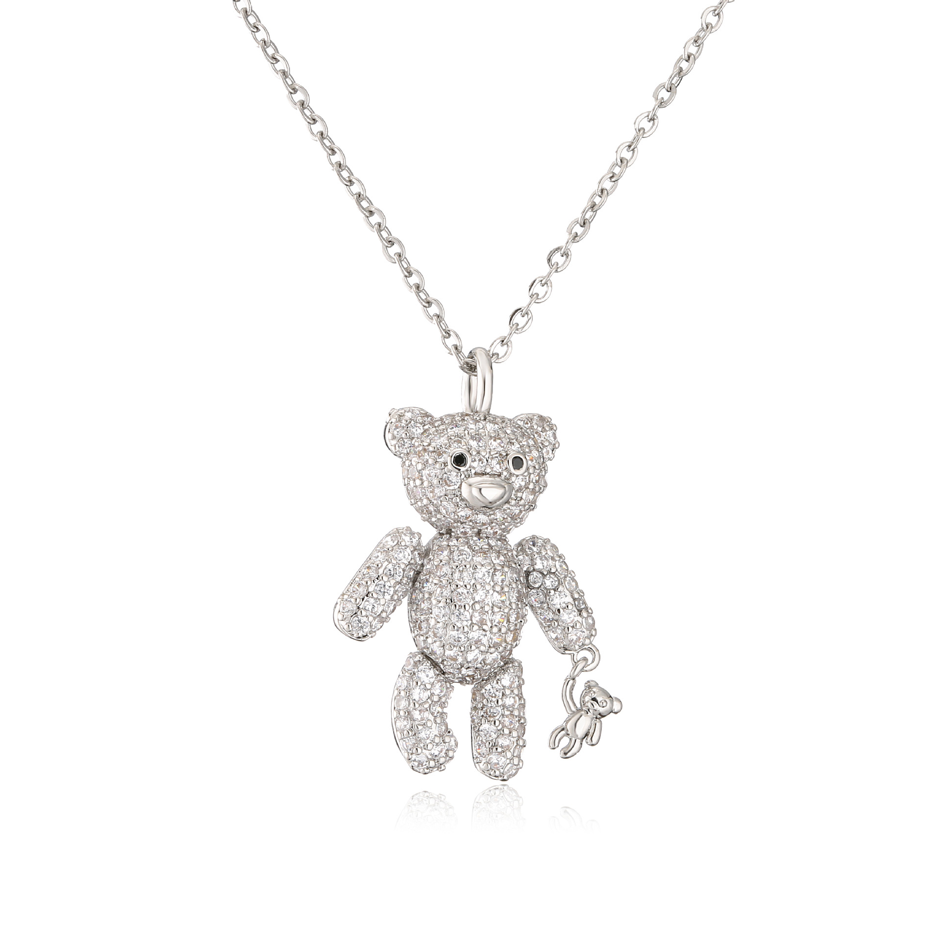 Full Diamond Bear Copper Necklace Micro Inlaid Zircon Cute Bear with Little Bear Pendant Necklace