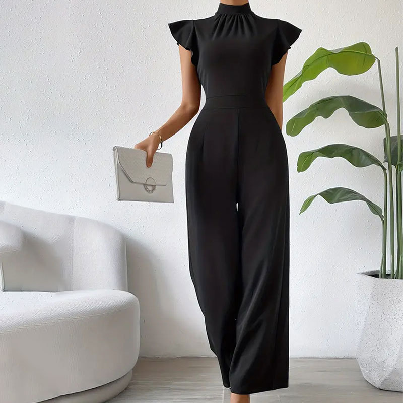 Stand Collar Ruffle Wide Leg Pants Draping Effect Trousers Women Sleeveless Jumpsuit Casual Pants Pants Women Summer