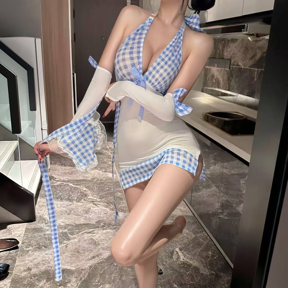 Maid Uniform Lingerie Set with Deep V Halterneck, See-Through Plaid Skirt, Blue — detail image 6
