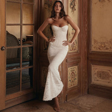 独立站外贸女装新款性感露肩裹胸连衣裙长裙修身气质蕾丝晚礼服裙