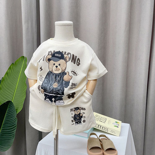 Boys' Summer Suit Set 2024 New Arrival Baby Cool Brat Style Honeycomb Fabric Clothes Trendy Children's Summer Short Sleeve Cartoon Fashion