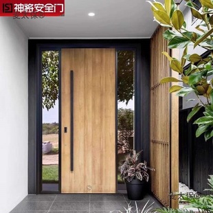 Cast Aluminum Entrance Door with Glass Double Doors, Villa Main Door, Double Wooden Grain Doors, Rural Self-Built House Entrance