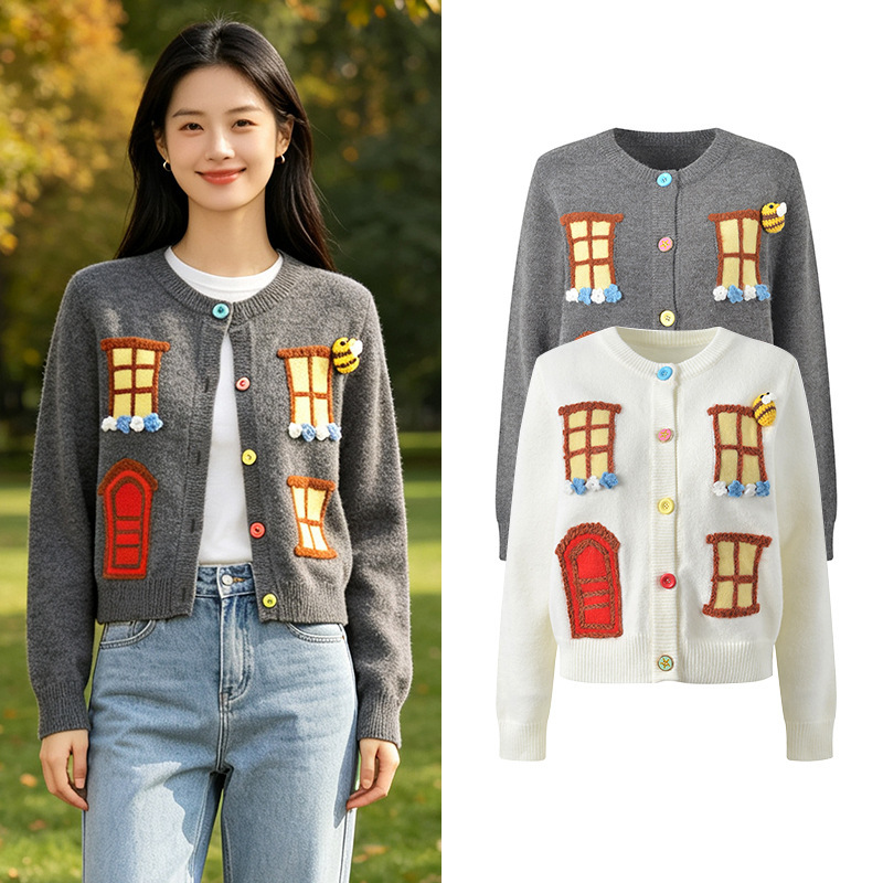 2026 Autumn New Design Fairy Tale Window Jacquard Crochet Decorative Round Neck Colorful Button Loose Knit Jacket 2026 Autumn New Design Fairy Tale Window Jacquard Crochet Decorative Round Neck Colorful Button Loose Knit Jacket