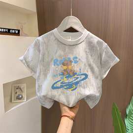 男女儿童夏季扎染帅气纯棉亮片透气上衣中大童洋气卡通打底衫