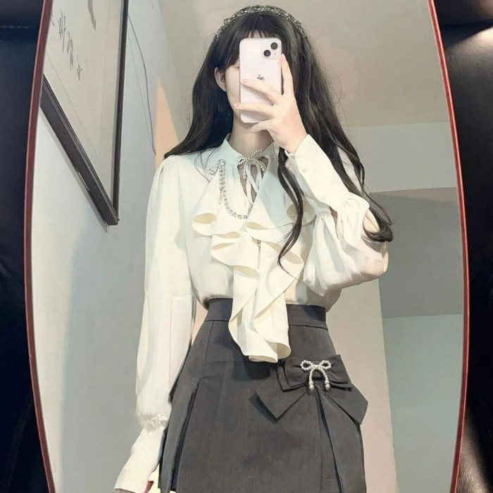 法式复古长袖衬衫包臀半身裙两件套女春夏高腰别致气质套装|undefined