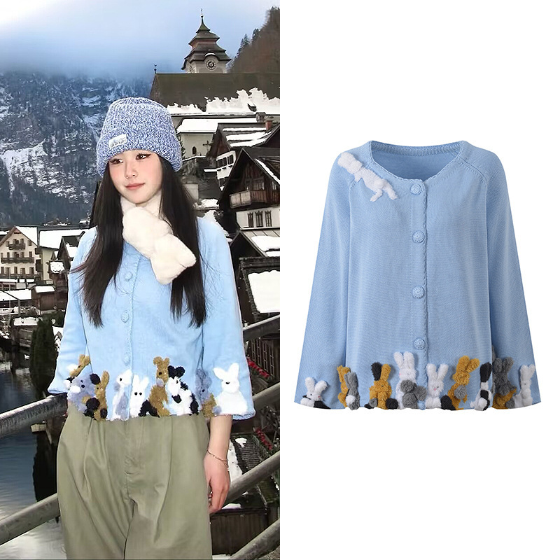 2026 Autumn New Blue Fresh and Cute Cartoon Rabbit Doll Loose Hem Versatile Knitted Cardigan Top 2026 Autumn New Blue Fresh and Cute Cartoon Rabbit Doll Loose Hem Versatile Knitted Cardigan Top