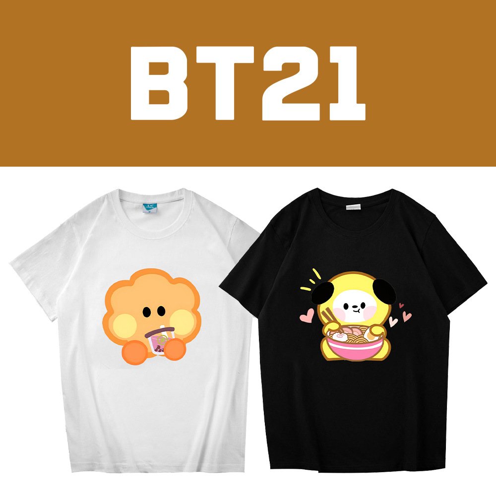 BT21喝奶茶可爱公仔黑白短袖夏季印花T恤男女休闲打底衫宽松短袖