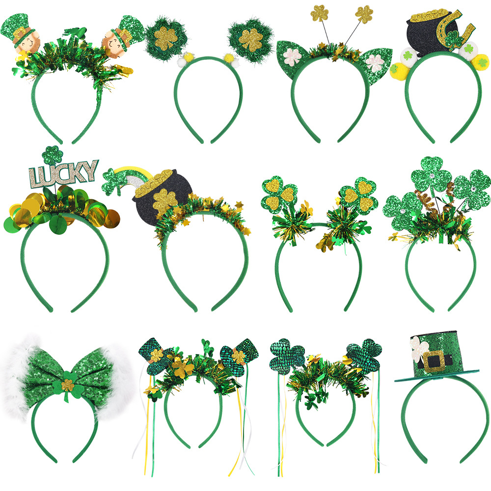 Día de Irlanda, gorra de trébol, gorra verde, tocado de cabeza, fiesta de San Patricio, bandeja de cabeza de rayas de colores.