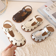 跨境批发定制真皮儿童凉鞋镂空防滑罗马风儿童鞋洋气女童沙滩凉鞋