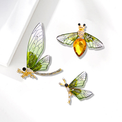 Cross-border European and American insects retro oil-dropping dragonfly corsage high-end rhinestone bee brooch pin crystal brooch