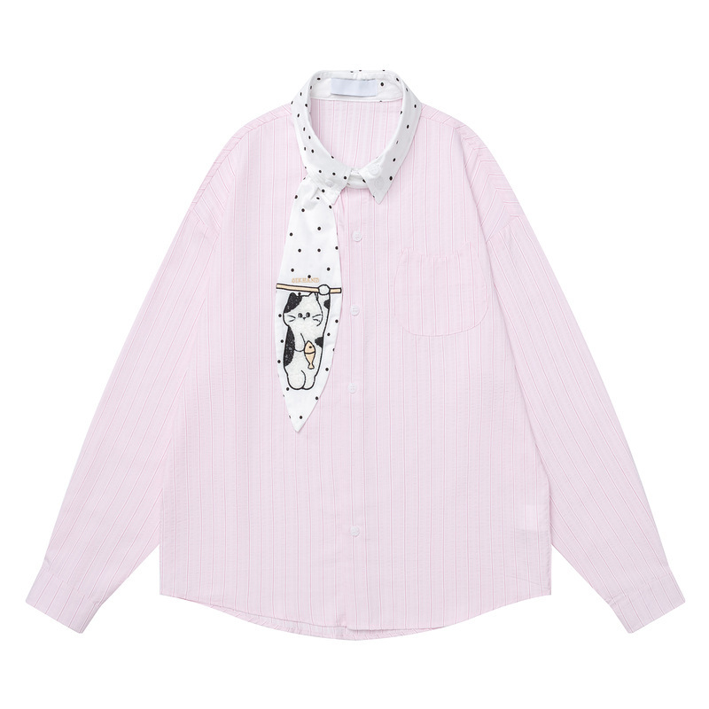 Pink striped long-sleeve shirt with polka dot collar, loose fit, with cat and fishing patches, for petite college women Pink striped long-sleeve shirt with polka dot collar, loose fit, with cat and fishing patches, for petite college women