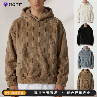 亚马逊男士卫衣方格珊瑚绒连帽卫衣欧美跨境加厚保暖长袖套头上衣