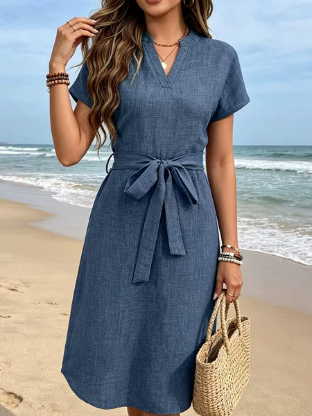 2026 European and American Cross-Border Foreign Trade Women's Fashion Mid-Length Dress V-Neck Solid Color Short-Sleeved Dress with Bow Belt for Women