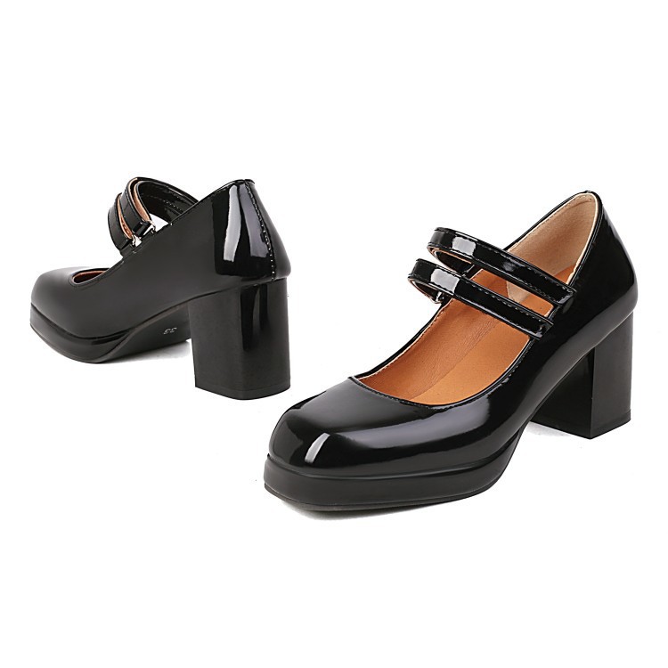 Square head Velcro double buckle solid color waterproof platform chunky heels_voghion.com