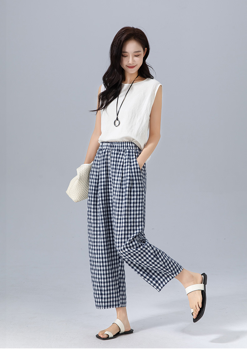 Quần culottes nữ ống rộng cạp cao kẻ sọc linen phong cách Hàn Quốc mùa hè — Caro xanh lam chi tiết 6