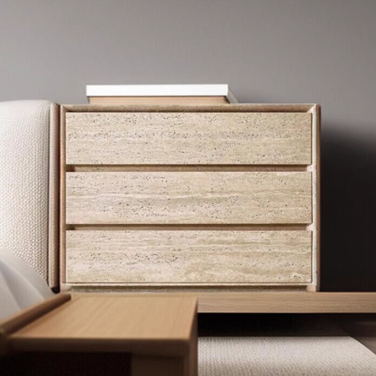 Nordic Natural Travertine Bedside Table with Drawers, Creative Art Sofa Side Table for Living Room, Marble Corner Table for Bedroom