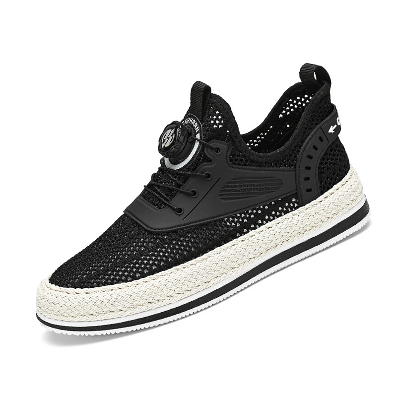 Zapatos de hombre con botón giratorio tejido de paja, zapatillas de deporte huecas de red grande, estudiantes, verano 2025, nuevo estilo, zapatos perezosos transpirables, hombres