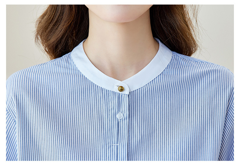 K Blue Striped Shirt, Women's Long Sleeved New Round Neck Top, Fashionable And Versatile, Loose And Slimming Shirt_ecoleips.com