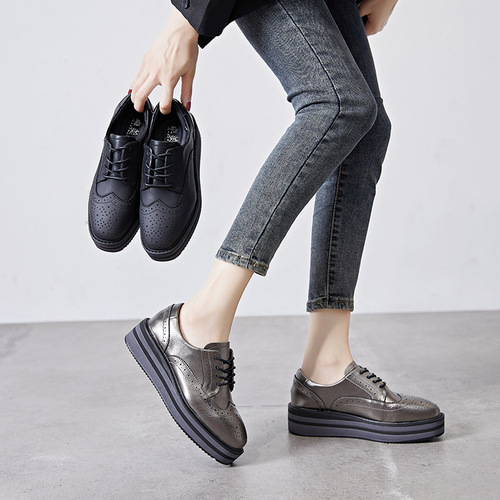 Women's Thicker Sole New Spring and Autumn Season British Style Brogues Leather Shoes, Versatile Genuine Leather Casual Loafers
