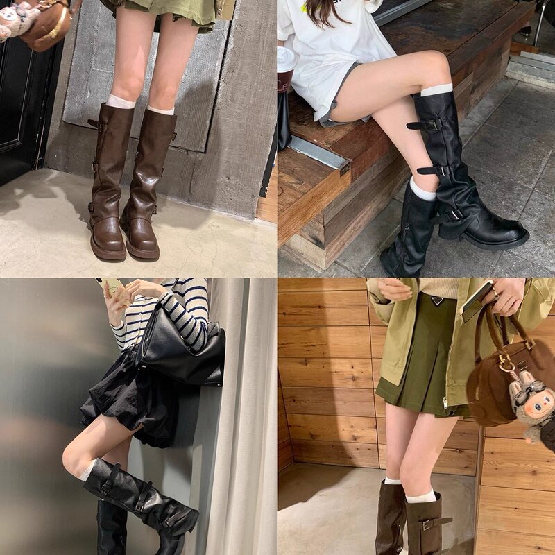 增高6cm~时髦皮带扣方圆头褶皱中筒骑士靴女秋季堆堆靴裤管烟筒靴|undefined