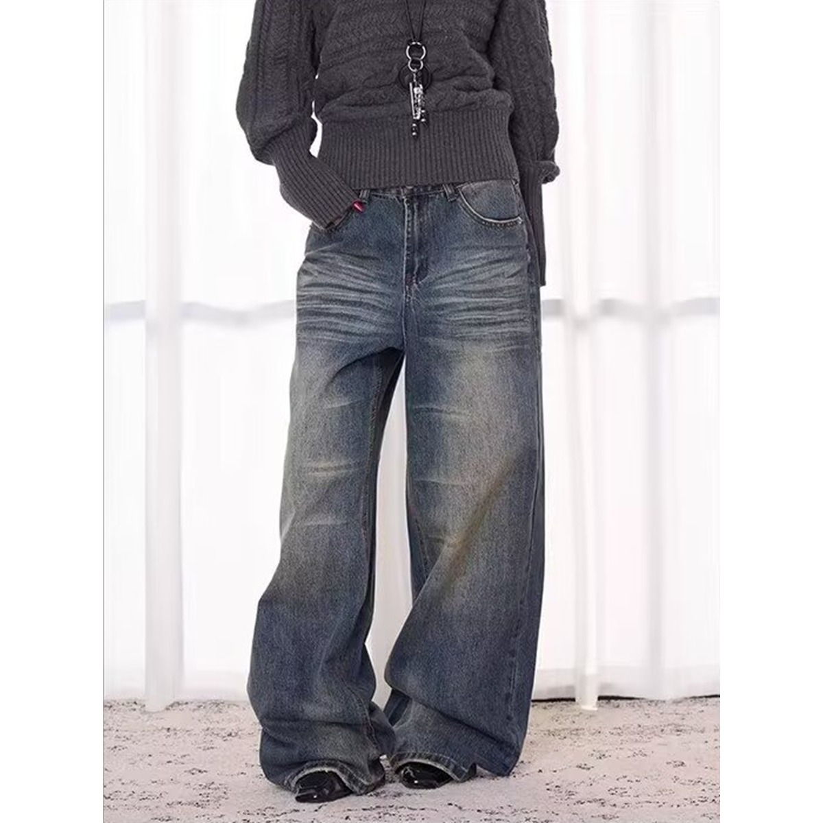 Unisex Retro Washed Distressed Jeans Loose Straight Leg Casual Hip Hop Dance Long Pants Spring/Autumn Summer Wear_ecoleips.com