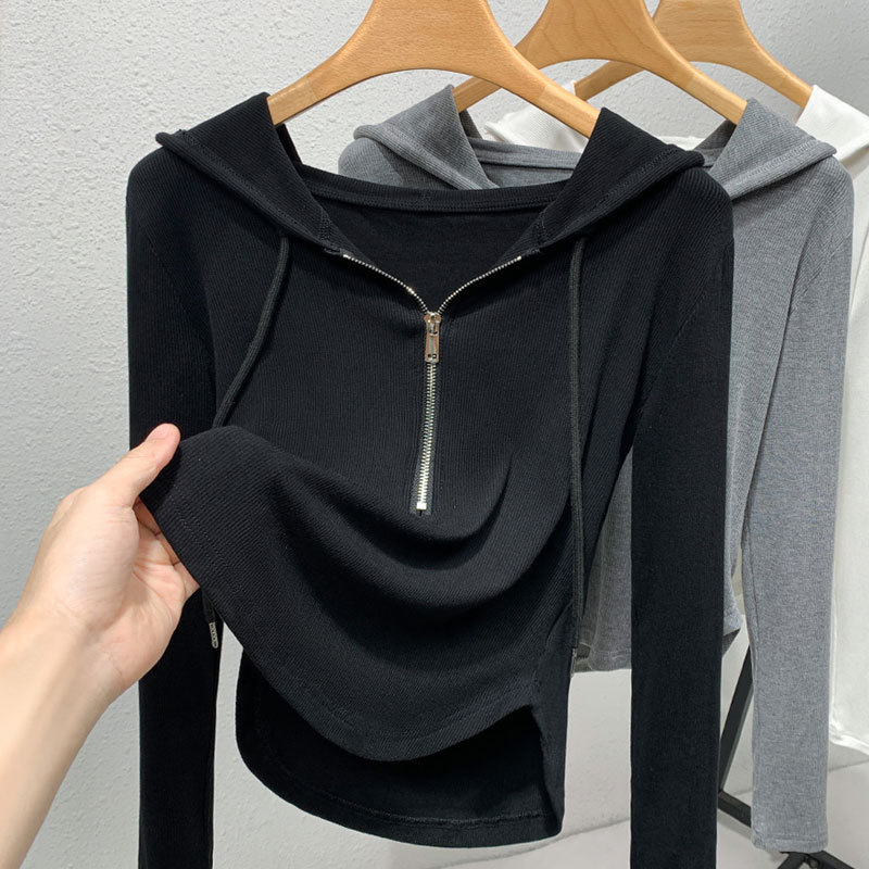 Black Half-Zip Hooded Sweatshirt for Women 2025 Spring New Style with Hooded Bottoming Shirt Casual Waist Top