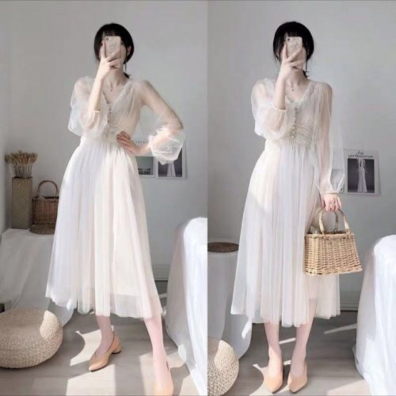 Short-sleeved Long-sleeved Fashionable French Style 2025 Spring and Summer New Super Fairy Dress Long Ci Mesh Mori Style Orange dress