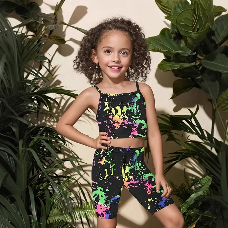 Cross-Border Export Ins Girls Fashion Tie-Dye All-Over Printed Suit Outdoor Sports Vest Suitable for 1-8 Years Old Trendy Style
