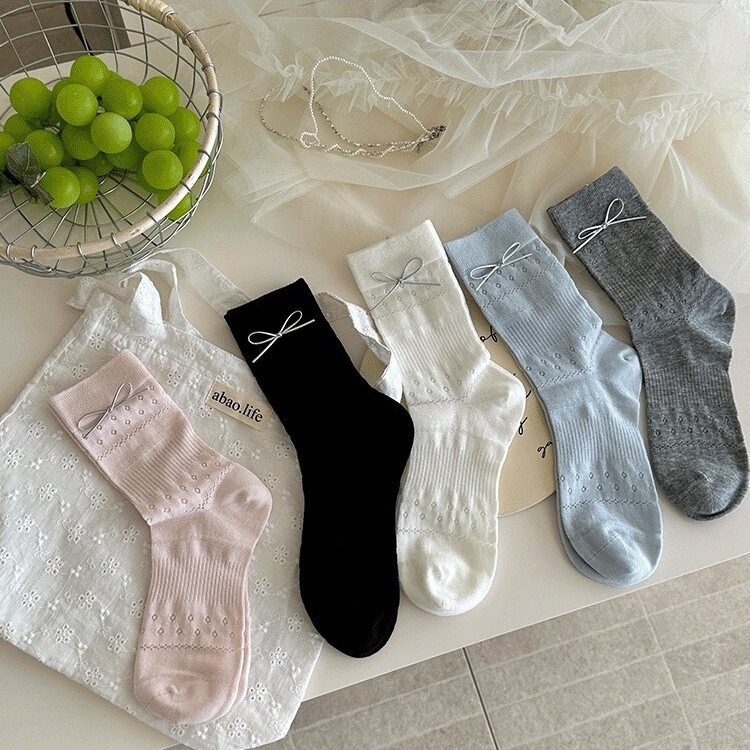 Korean-Style Leather Bowknot Girl Socks Seamless Mesh Slouch Socks Women Ins Sweet Mid-Calf Socks Spring Summer Mid-Calf