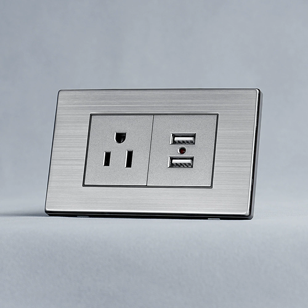 Южноамериканский 118K американский трёхгнездовый USB-зарядкой двойной TypeA настенный электровыключатель из нержавеющей панели 250V 16A