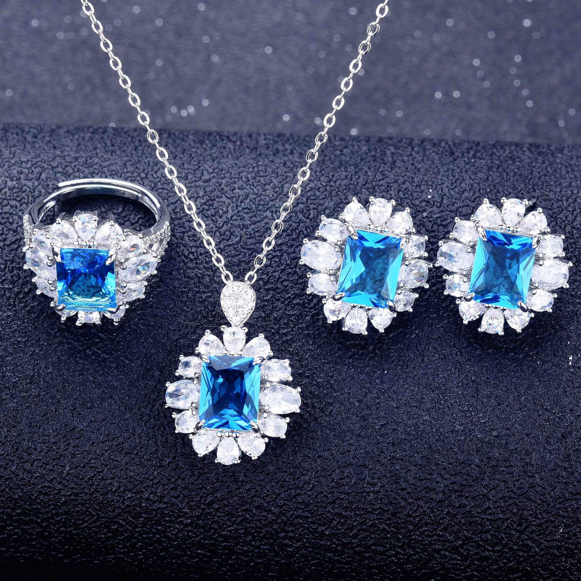 Couleur Trésor Ensemble Ascher Jaune Diamant Topaze Bleu Argyle Rose Carré Diamant Bague Boucles D'oreilles Pendentif display picture 27