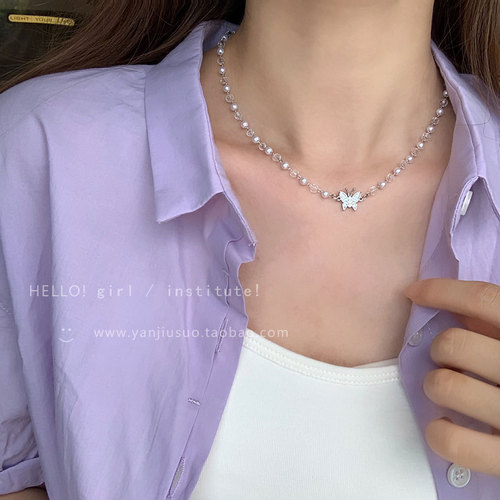 New year's new crystal pearl butterfly necklace women's summer niche design simple temperament choker clavicle chain