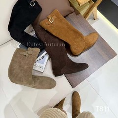 小个子内增高女西部牛仔靴2025新款高筒骑士靴磨砂牛皮褶皱堆堆靴
