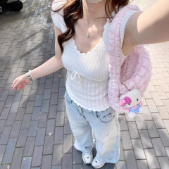 2025 新しい夏中空白 v ネック半袖 tシャツ女性の韓国レースレースニット美しいトップ