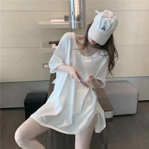Cotton Asymmetrical Split U-neck Short-sleeve T-shirt for Women - Summer Loose Korean Style Medium-length Large Collar Top Trendy
