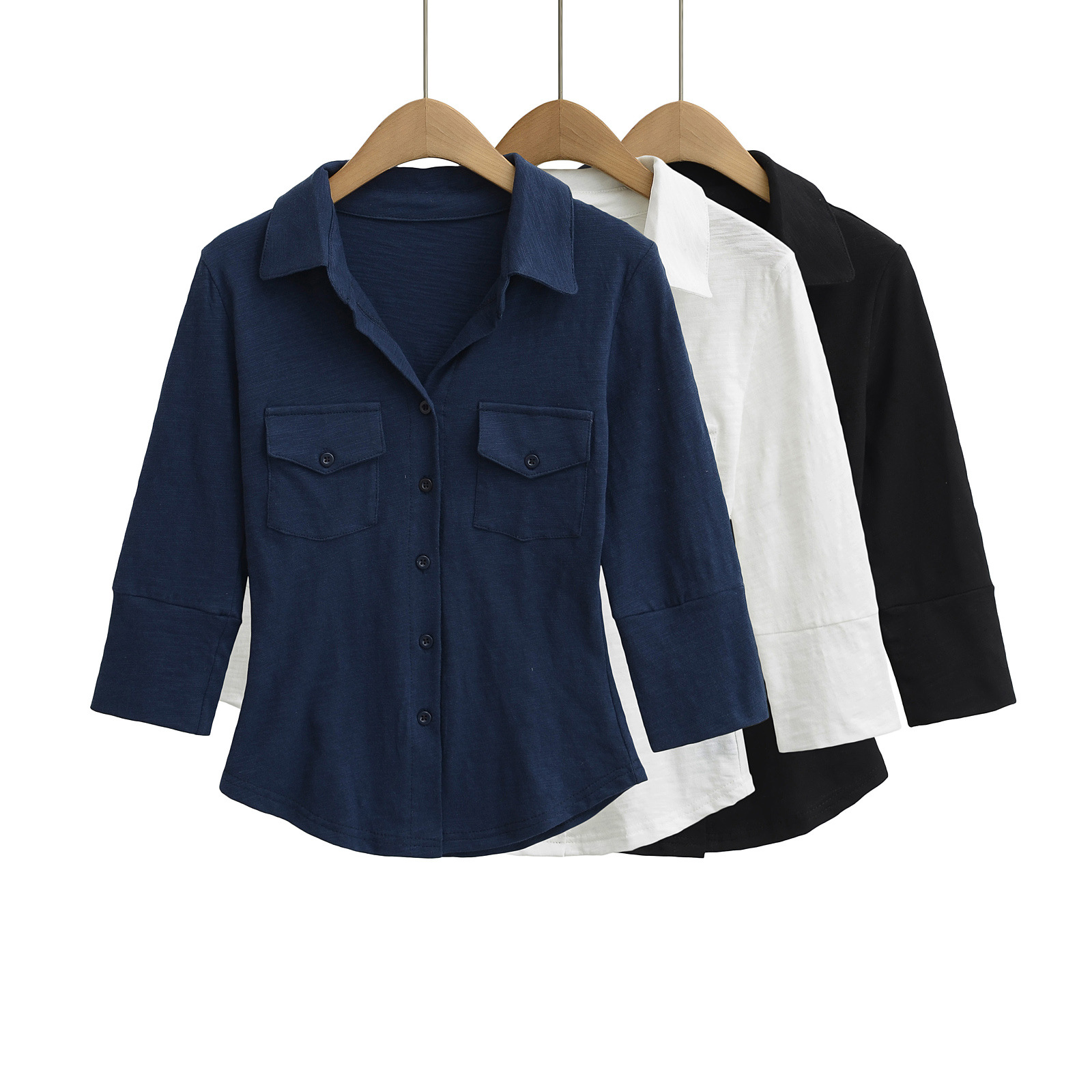 Solid Color Three-Quarter Sleeve Shirt for Women 2025 Autum New Korean Sexy Polo Lapel Single-Breasted Waist Top