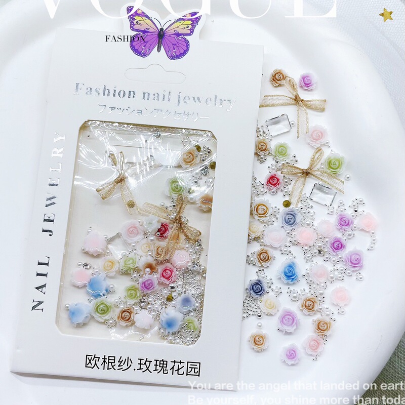 Manicure spring rose mixed nail jewelry rose garden organza bow alloy butterfly rectangular diamond