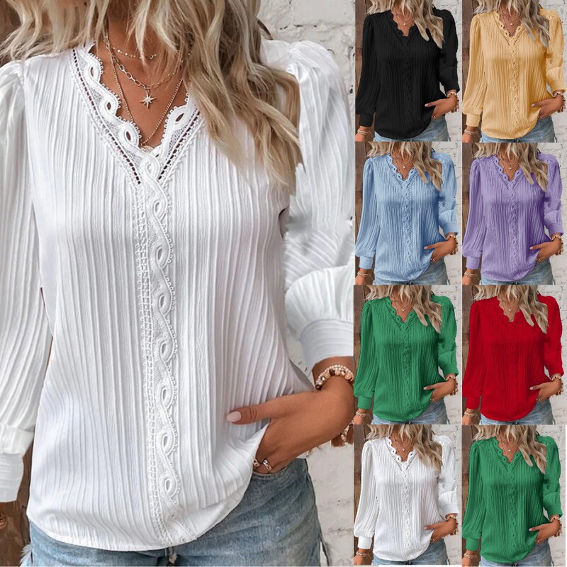 Independent Site Wish Amazon 2025 Spring and Autumn Long-Sleeve V-Neck Lace Patchwork Shirt Women's Loose-Fitting Blouse