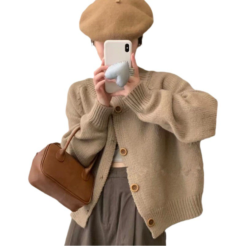 KANING однотонный вязаный кардиган в ленивом стиле с воротником-стойкой для женщин, осень-зима 2021, новый элегантный однобортный свитер, куртка