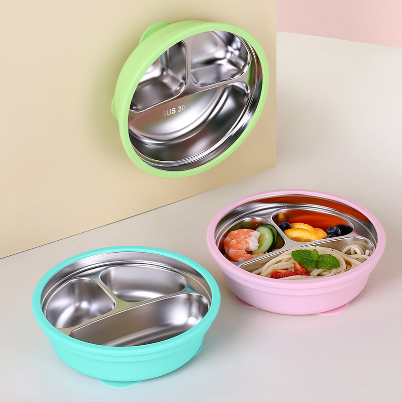 Children's Dinner Plate Suction Cup Type 304 Stainless Steel Tableware Divided Plate Stainless Steel Liner Silicone Shell with Suction Cup Dinner Plate