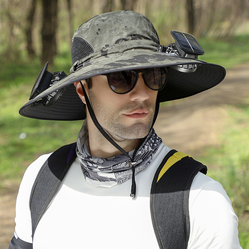 Solar-powered fan with built-in rechargeable battery, large wind capacity, steel brim, non-slumping edge, wide brim sun hat for men, summer use.