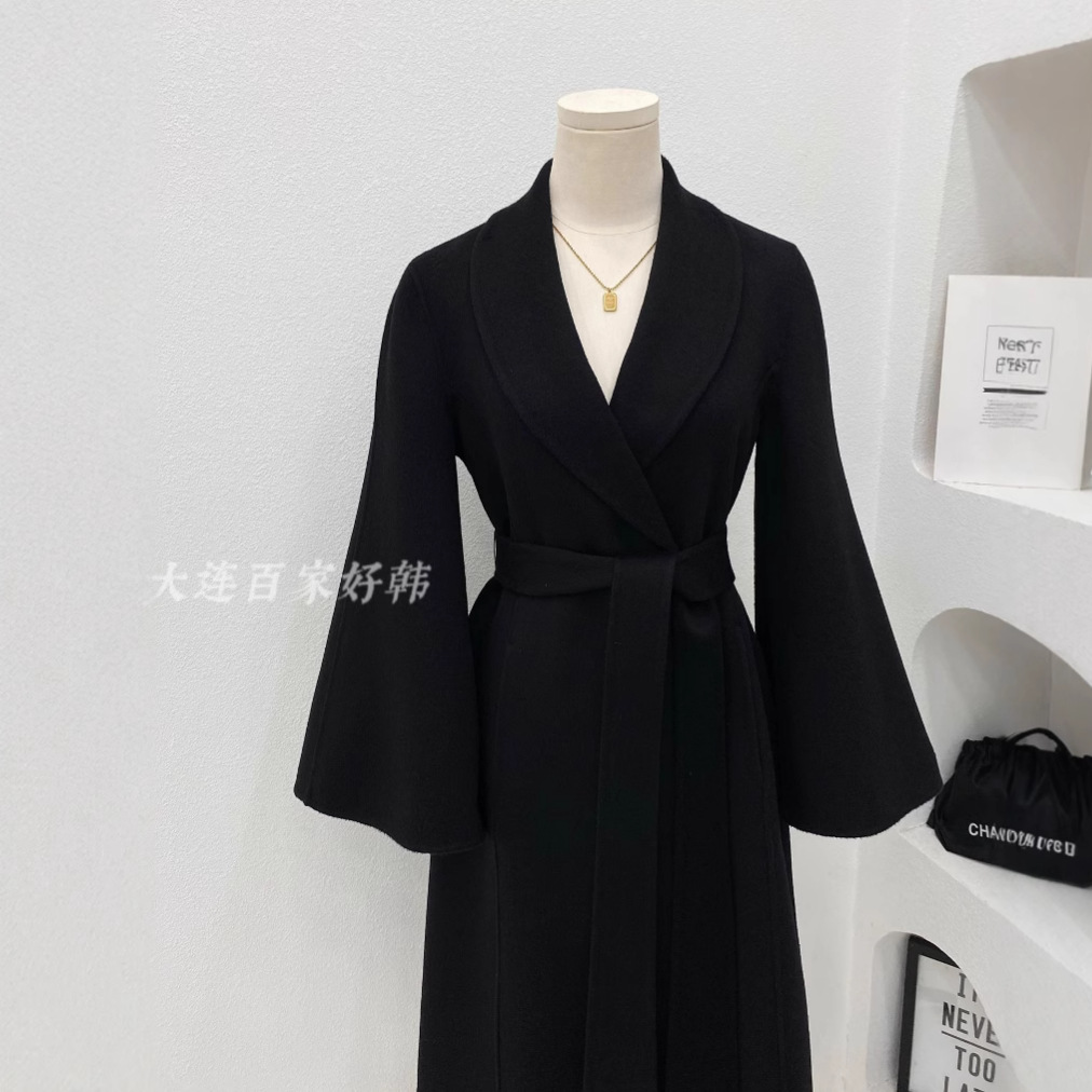 [작은 허리] 가을과 겨울을위한 검은 허리 꽉 모래 시계 양면 울 코트 배 모양의 긴 키 큰 한국 스타일 24