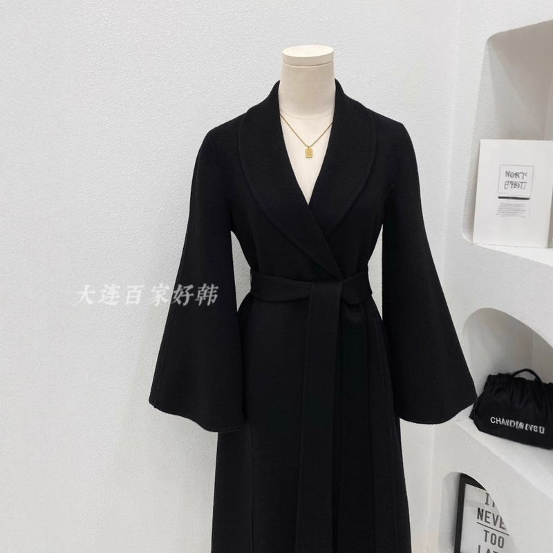 [Small waist] black waist-tight hourglass double-sided wool coat pear-shaped long tall Korean style for autumn and winter 24