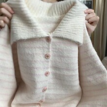 衣服女款春季温柔风粉色条纹POLO领软糯毛衣女秋冬宽松显瘦气质针