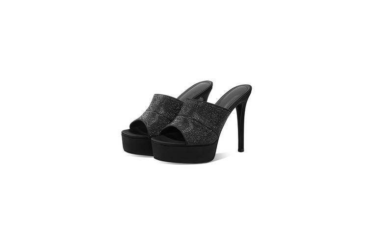 Sandal cao gót nữ quai một dây đính đá, gót nhọn 9 cm, đế platform — đen chi tiết 4