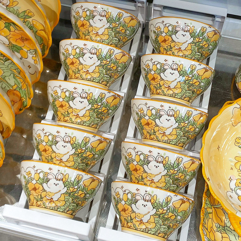 可爱花中兔餐具家用陶瓷饭碗大汤勺调羹卡通勺子自由组合礼品套