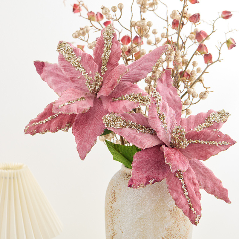 Nuevos productos transfronterizos de alta calidad, flores de Navidad rosa, decoraciones de Navidad, props de diseño de escenas de vacaciones
